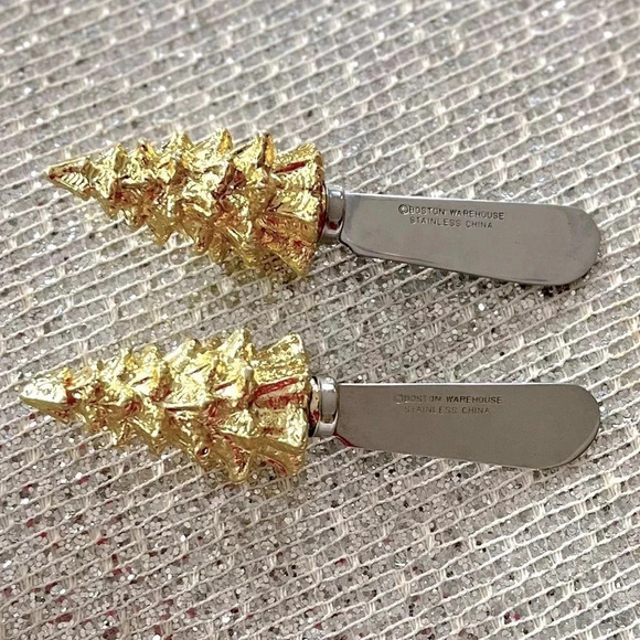 Boston Warehouse Tree Handles Cheese Spreaders Vintage Gold Tone Festive Holiday - Picture 1 of 5